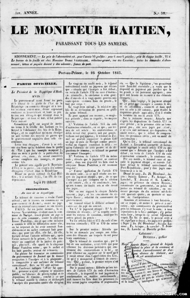 Flashback | Cap-Haïtien, 17 octobre 1845 — Le discours de C. Georges en hommage à l’empereur Dessalines, sous la présidence de Jean-Louis Pierrot