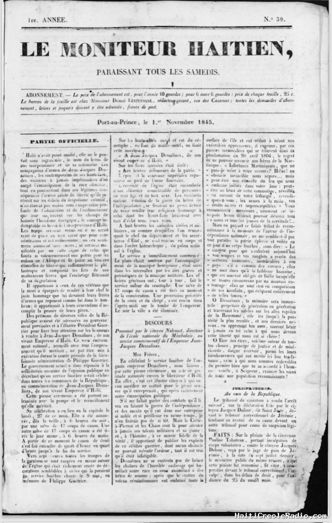 Flashback | Haïti, 1845 — Les premiers hommages officiels à Dessalines : le 17 octobre au Cap-Haïtien, le 27 à Port-au-Prince, d’après Le Moniteur des 25 octobre et 1er novembre