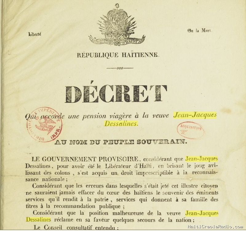 Haïti, 21 août 1843 — Claire-Heureuse Dessalines obtient une pension de 100 gourdes par mois, trente-sept ans après l’assassinat de l’empereur