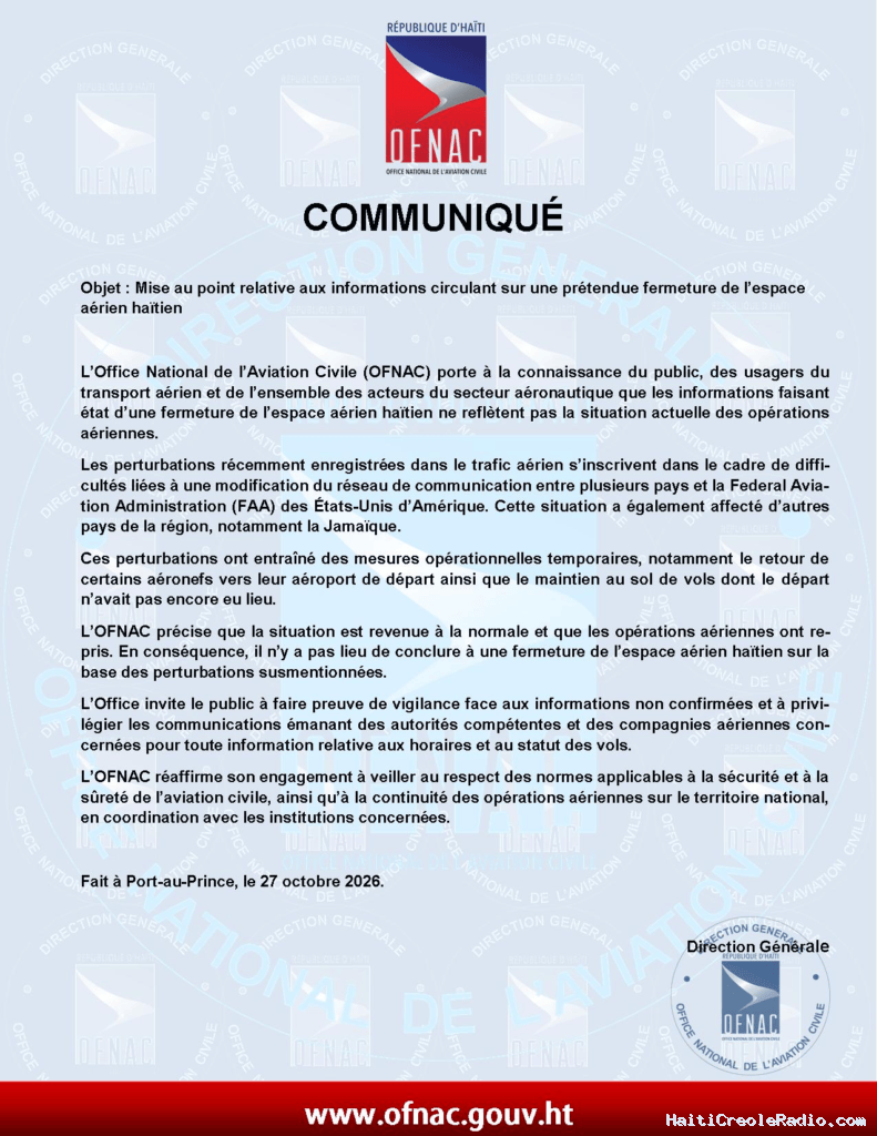 Haïti : l’OFNAC dément une fermeture de l’espace aérien, mais confirme des interruptions de vols