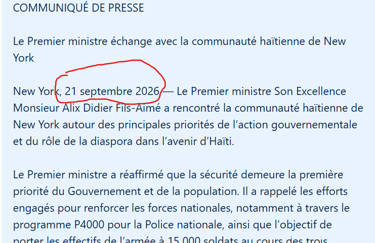Haïti–New York | La Primature annonce déjà que Fils-Aimé a rencontré la communauté haïtienne le 21 septembre : un communiqué daté de demain, publié avant même l’arrivée de cette date ?