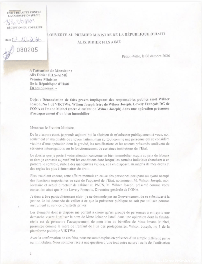 Haïti | Une lettre ouverte adressée à Alix Didier Fils-Aimé dénonce une « opération d’accaparement immobilier impliquant plusieurs responsables publics dont Wilner Joseph et Lovely François »