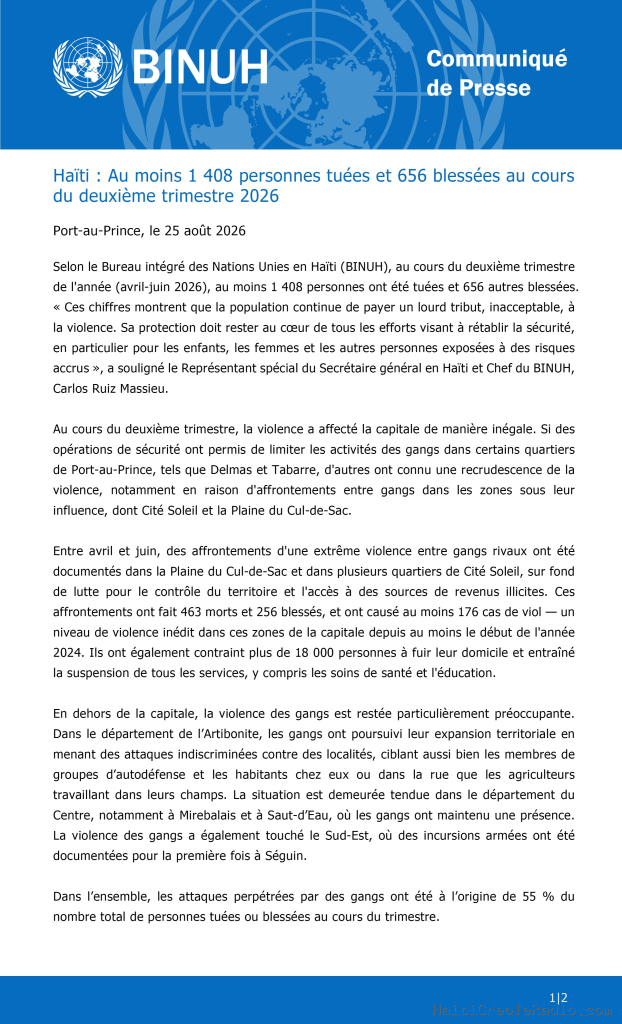 Haïti | Violence — 1 408 morts en trois mois : le BINUH documente l’hécatombe sous le gouvernement d’Alix Didier Fils-Aimé qu’il « appuie envers et contre tout »