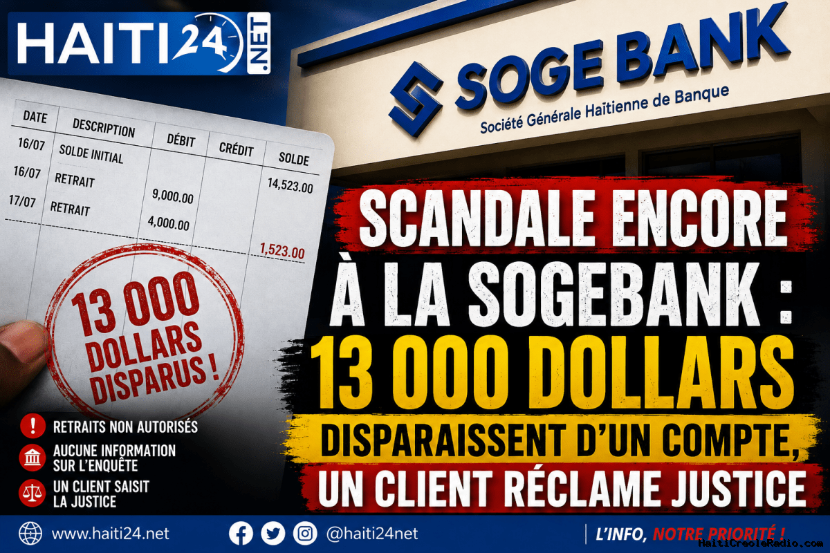 Scandale encore à la Sogebank : 13 000 dollars disparaissent d’un compte, un client réclame justice0