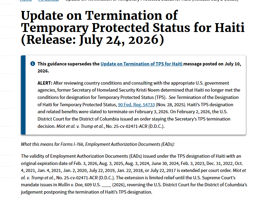 TPS Haïti : l’USCIS prolonge vendredi les permis de travail jusqu’au 27 juillet 2026 sur ordre judiciaire
